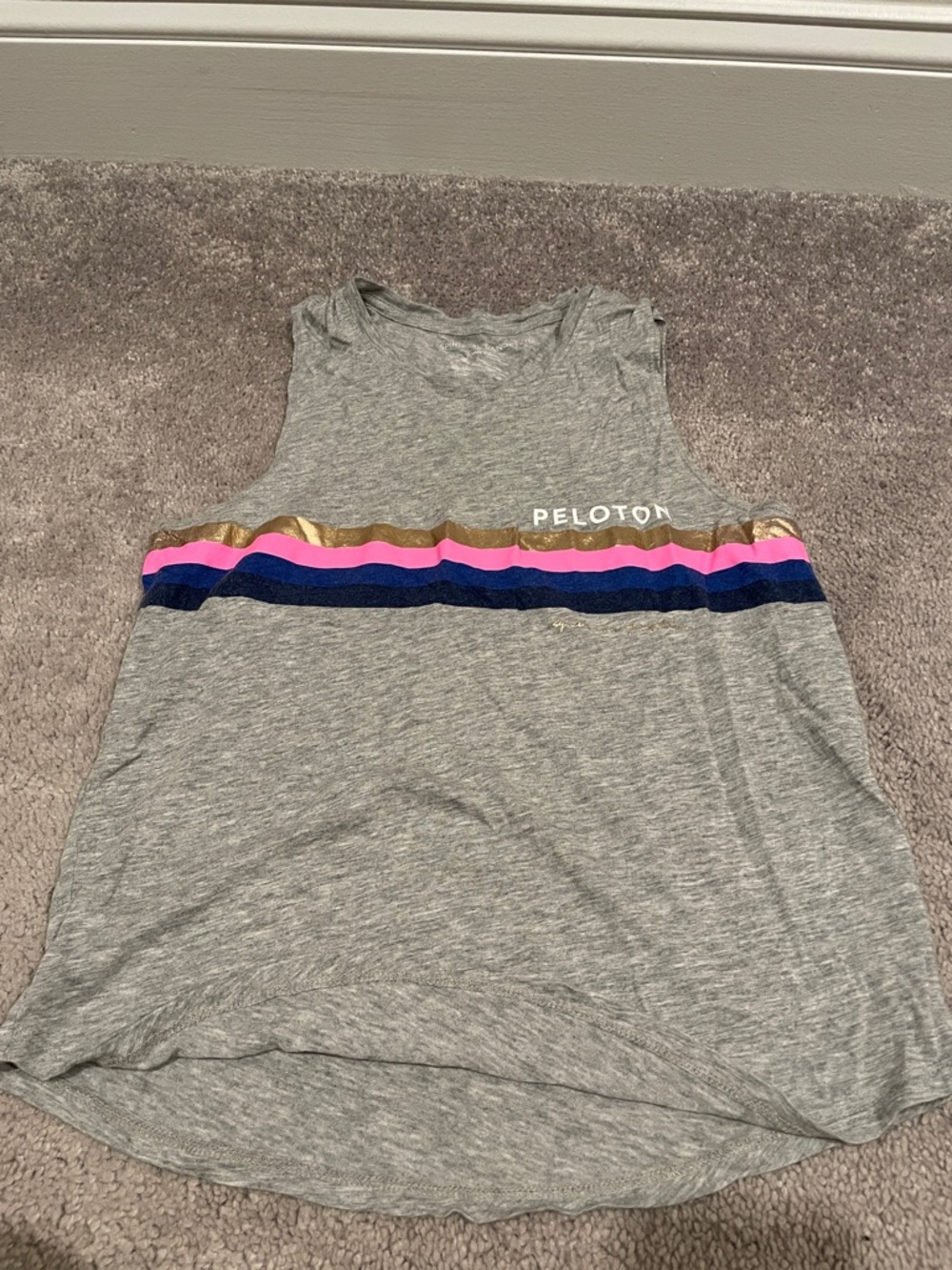 Peloton Gray Tank with Gold, Pink & Navy Stripe